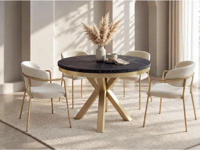 Produktbild von Runder Ausziehbarer Esstisch im Loft-Stil - Industrieller Tisch in Schwarzer Marmoroptik mit Goldenen Metallbeinen - Platzsparender Tisch für Wohnzimmer - Marmor Schwarz - 100 bis 180 cm