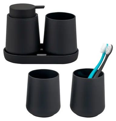 Produktbild von eluno Bad-Set TESERO 5tlg. mit 1x Seifenspender, 3x Becher und 1x Schale, aus Kunststoff in Schwarz
