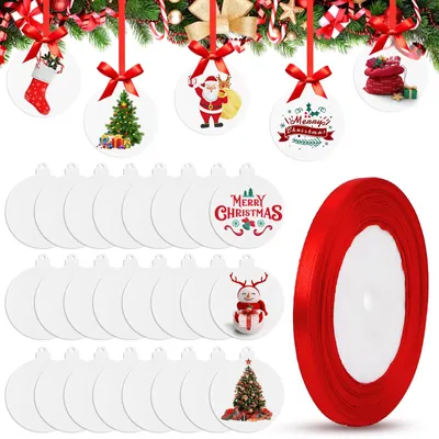 24 Acryl-Ornamente transparent mit rotem Band, DIY-Weihnachtsanhänger