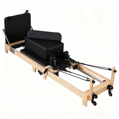 Produktbild von Pilates Reformer aus Holz - Studio-Pilatesmaschine - Verstellbarer Widerstand - Gleitender Schlitten - Tragkraft 500 kg - Nicht klappbar - Schwarz