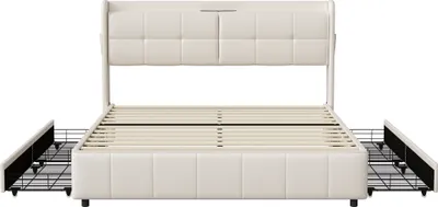 Image de Lit rembourré 160x200cm avec USB et prises de courant, lit double pour adolescents avec 4 tiroirs, lit de rangement en bois massif avec type C et sommier à lattes, PU