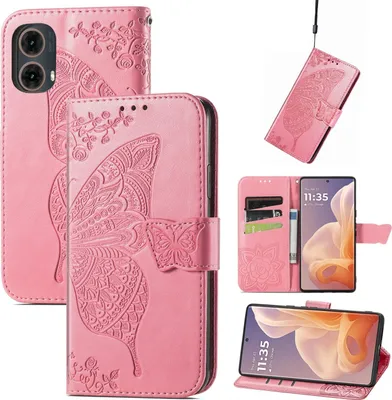 Immagine prodotto di Per Motorola Moto G85 Custodia in Pelle finta per cellulare con design a farfalla Rosa