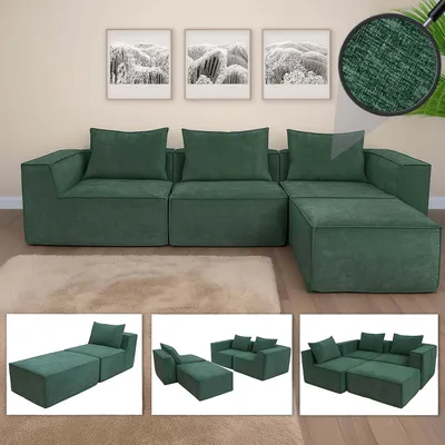 Produktbild von L-Sofa MCW-O54, Lounge-Couch mit Ottomane, erweiterbar modular rechts/links, Stoff/Textil 63x270x190cm  grün
