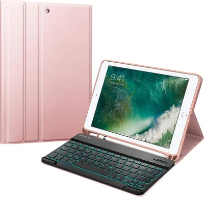 Produktbild von Fintie beleuchtete Tastatur Hülle für iPad 9.7 Zoll 2018/2017 - Soft TPU Rückseite Gehäuse mit Pencil Halter, magnetisch Abnehmbarer QWERTZ Tastatur mit Hintergrundbeleuchtung, Roségold