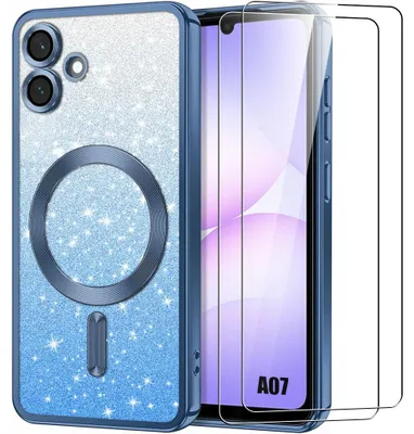Image de Coque + 2 Verres Trempés pour Samsung Galaxy A07, Protection Paillette Cercle Magnétique Antichoc Film Caméra - Bleu