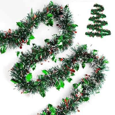 Image de Guirlande de Noël, paillettes, 10 mètres, avec des baies et des feuilles de houx, vert et rouge