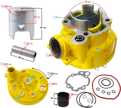 Zdjęcie produktu dla Cylinder i głowica cylindra Moretti do motoroweru 2T 80cc AM6, kolor żółty