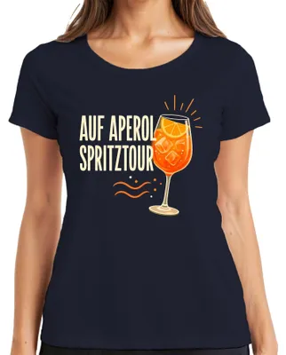 Immagine prodotto di Maglietta da donna, colore blu navy, con scritta "Aperol Spritz", ideale per l'estate, per una festa tra amiche, per una serata all'aperitivo o per un addio al nubilato. Taglia S