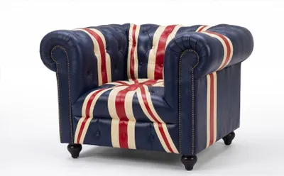 Obrázek produktu pro Čalouněná sedací souprava Chesterfield, třísedák, křeslo, motiv Union Jack, tmavě modrá barva