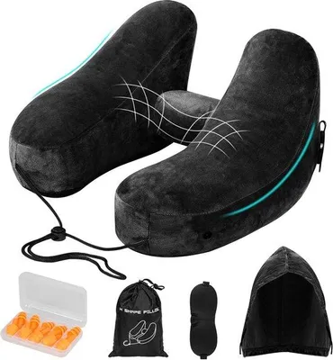 Productafbeelding van Opblaasbaar Reiskussen voor Vliegtuig, Ergonomisch Nekkussen voor Reizen, Compact en Lichtgewicht, Ideaal voor Auto, Trein en Bus - Zwart