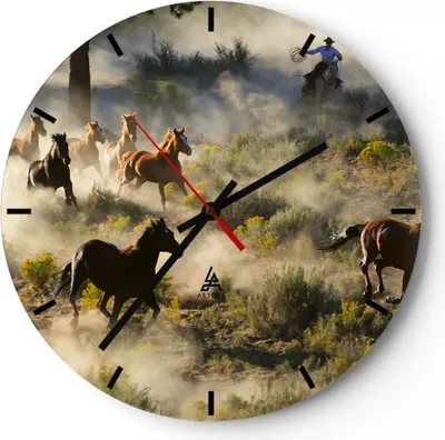Produktbild von Wanduhr - Rund - Glasuhr - Cowboy Cowgirl Pferd - 30x30cm - Schleichendes Uhrwerk - Lautlos - zum Aufhängen bereit - Dekoration Modern - Wanddekoration aus Glas - C3AR30x30-2201