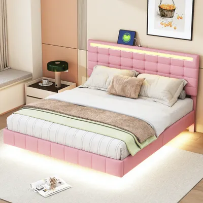 Produktbild von ProximaX Polsterbett 160 x 200 cm, gepolsterter Schwebebettrahmen mit LED-Leuchten und Kopfteildesign, flächiges Doppelbett-Gästebett in hautfreundlichem Leinen Rosa