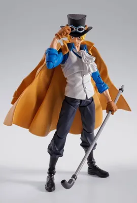 A full-body shot of an action figure of the character Sabo from One Piece, standing and holding a cane.