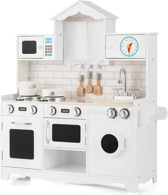 Imagen del producto de Cocina de juguete para niños, con accesorios, cocina de madera para niños con lavadora y microondas, para niños a partir de 3 años, color blanco, 78 x 29 x 93 cm