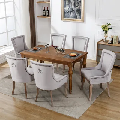 Produktbild von Flieks Esszimmerstühle 6er Set, Küchenstühle Polsterstuhl mit Massivholzbeinen, Esszimmerstuhl mit Samtbezug, Grau
