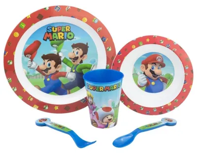 Produktbild von STOR 5-teiliges Nintendo Super Mario Kindergeschirr-Set, BPA-frei, mit tiefem Teller, Essteller, Tasse und Besteck, waschbar und wiederverwendbar