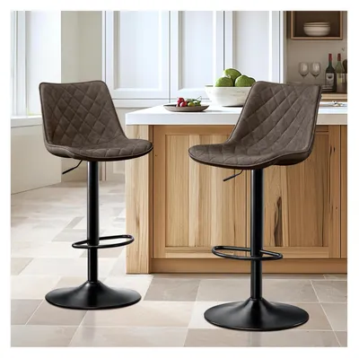 Produktbild von Barhocker 2er Set Höhenverstellbar mit Lehne Mikrofaser-Leder Braun Drehbar