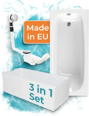 Produktbild von Calmwaters® Premium Badewanne Komplettset 170x75 cm Original,  EU, 3in1 Acryl-Badewanne mit Wannenträger & Ablaufgarnitur, Körperformbadewanne, Rechteckbadewanne 170 x 75, 200 l, Weiß