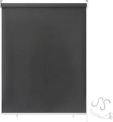 A dark gray roller blind is shown, with some accessories at the bottom right.