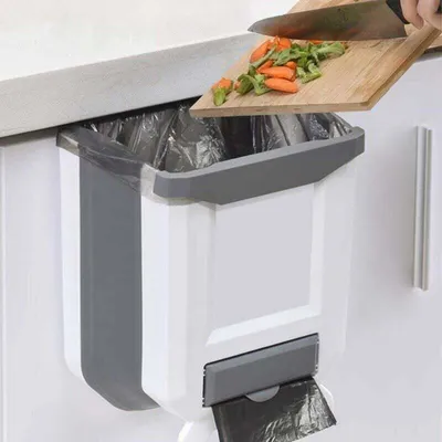 Produktbild von Wandmontierter zusammenklappbarer Kunststoff-Mülleimer für die Küche zum Aufhängen an der Schranktür, 8 l (weiß)