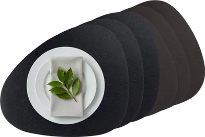 Produktbild von Platzset 6er Set, 2in1 Wende-Tischunterlage Kunstleder oval, Platzdeckchen 40x31cm Nierenform (schwarz/braun)