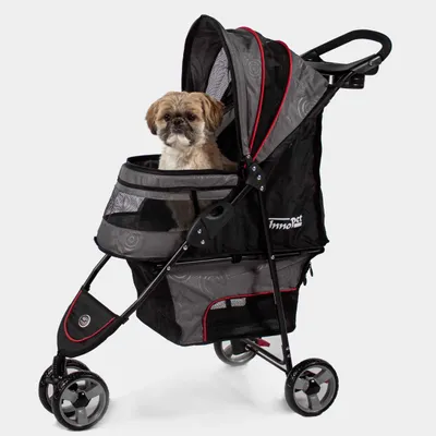 Produktbild von InnoPet Hundebuggy & Katzenbuggy für Reisen Avenue Glänzend Grau/Rot - Kompakter Stadt-Hundewagen mit Regenschutz - Sicherheitsleinen & Aufbewahrungskorb - Faltbarer Haustierwagen, KI-generiertes Bild