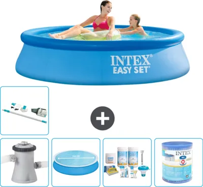 Produktbild von Intex runder aufblasbarer Easy Set-Schwimmpool – 244 x 61 cm – Blau – inklusive Pumpe Sonnensegel - Wartungspaket - Filter - Staubsauger