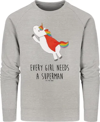 Produktbild von Mr. & Mrs. Panda Baumwoll Pullover Einhorn Super Größe L - Heather Grey - Geschenk, Traummann, Superheld, Sweater, Freundin, Bio, Unicorn, Einhörner, Sweatshirt, Pulli