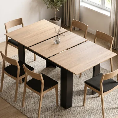 Produktbild von Mondeer Ausziehbarer Esstisch 120-160cm für 4-6 Personen, Stabiler Küchentisch, Vielseitig für Essen, Arbeiten & Freizeit Schwarz & Eiche
