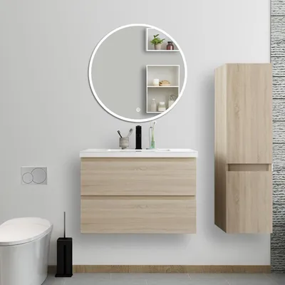 Image de Ensemble de meubles de salle de bain, 79*46*52cm, meuble avec vasque + miroir LED rond + meuble colonne 110cm, Chêne