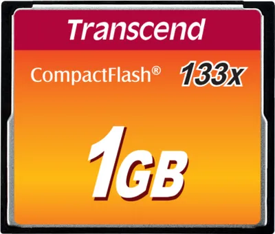 A Transcend Compact Flash memory card with 1GB capacity and 133x speed.
