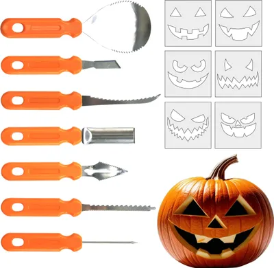 Produktbild von Halloween Kürbis Schnitzset 7-teilig mit 6 Schablonen Kinderfreundlich Edelstahl Werkzeuge