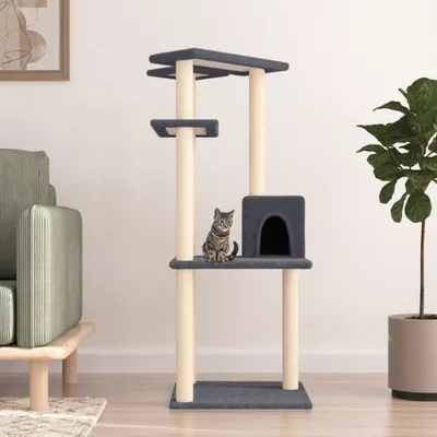 Image de The Living Store Arbre à chat avec colonnes à griffer en sisal Gris foncé 123 cm