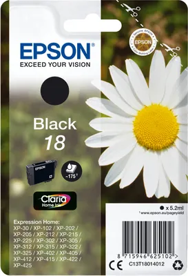 Obrázek produktu pro Epson Daisy Balíček s jedním inkoustem 18 Sedmikráska Claria Home Black, Černá, Inkoust na pigmentové bázi, 5,2 ml, 1 kusů, 175 str.