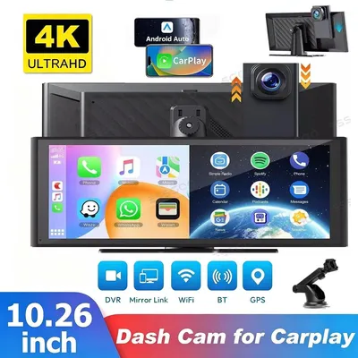 Zdjęcie produktu dla Lusterko wsteczne z monitorem dotykowym, łączące funkcje kamery samochodowej (dashcam) i kamery cofania. Wyświetlacz IPS o przekątnej 10 cali, obsługujący CarPlay i Android Auto. Kamera przednia 4K, kamera tylna 1080p, 2 kanały, tryb nocny