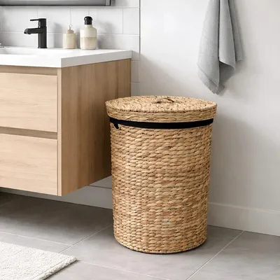 Image de Panier à linge Lavandoux avec couvercle – En vannerie naturelle de jonc de mer – Ø 42 x H 60 cm – Sac à linge noir amovible – Grande capacité