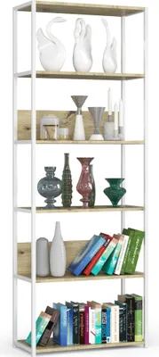 Produktbild von Bücherregal AKORD Metallregal mit Ebenen aus Holzwerkstoff Weiß Breite 70 cm 6 Ebenen Eiche Artisan B70 x H192 x T32 cm