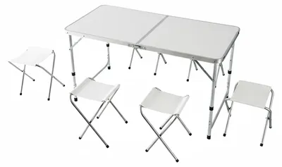 Produktbild von Relaxdays Campingtisch, 4 Sitzhocker, klappbar, höhenverstellbar, mit Tragegriff, Aluminium, MDF, Klapptisch, weiß