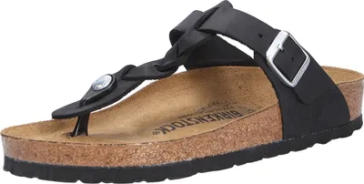 A single black Birkenstock sandal is shown against a white background.