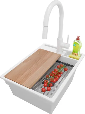Produktbild von PRIMAGRAN Granitspüle Weiß 38x53cm, Spülbecken 1 Becken + Küchenarmatur 40x20cm + Ablauf-Set + Küchenzubehörset, Küchenspüle ab 40er Unterschrank - Oslo Pocket