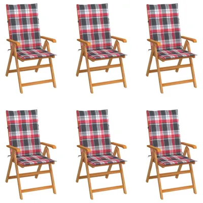 Produktbild von The Living Store Gartenstühle 6 Stk. Rote Karomuster-Kissen Massivholz Teak