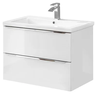Produktbild von Waschtisch-Unterschrank Set 80 cm in Hochglanz Weiß mit Keramik-Waschbecken und 2 Soft-Close-Schubladen