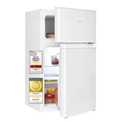 Produktbild von Exquisit Kühl-Gefrierkombination, 85 Liter, Kühlschrank mit Gefrierfach, 4-Sterne-Gefrieren, LED-Beleuchtung, kompakt, klein, KGC590-30-E-040E weiss