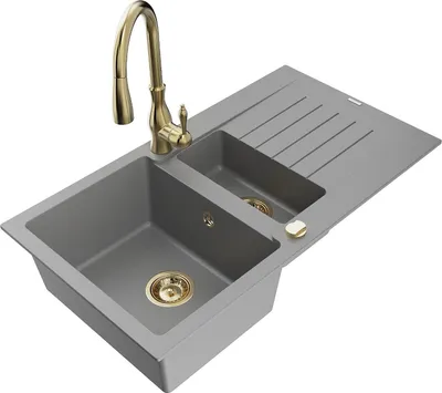 Produktbild von Mexen Matias 1,5-Becken-Granitspüle mit Abtropffläche und Mischbatterie Savita, Grau - 6502-71-672601-50