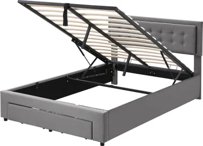 Produktbild von Flieks Polsterbett 140x200cm, Doppelbett mit Schublade, Hydraulisches Boxspringbett mit Lattenrost, Stauraumbett Massivholzbett Samt, Grau