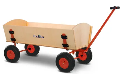 A wooden wagon with orange metal frame and wheels, shown on a white background.