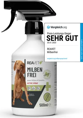A bottle of REAVET Milben Frei spray with a dog on the label, next to a promotional badge from Vergleich.org.