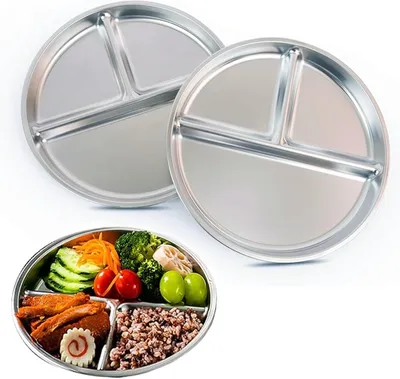 Produktbild von 2 Edelstahl Teller mit 3 Fächern | 900 ml | 23 x 23 x 2 cm | Kinderteller und Campingteller (Silber)