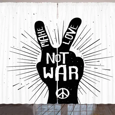 Produktbild von ARANDE Hippie Gardine, Grungy beunruhigtes Handfriedenszeichen-Schattenbild mit machen Liebes-Slogan-Zitat-Thema, 280 x 245 cm, Schwarz und weiß