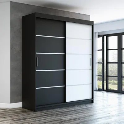 Produktbild von Schwebetürenschrank, 2-türig Schrank PARIS 180 cm (mit Spiegel) (Schwarz / schwarz / weiß)